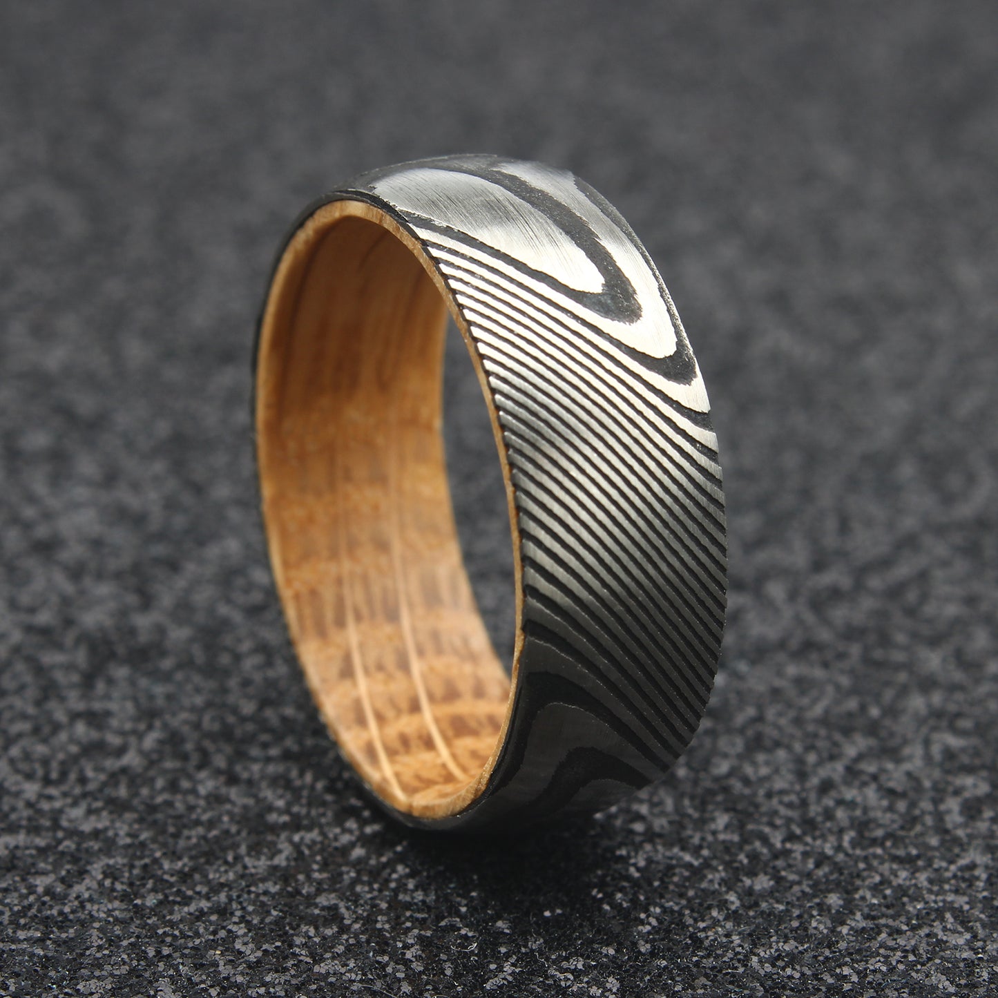 The Centaurus - 8mm Damascus Steel & Whisky Barrel Wood Ring