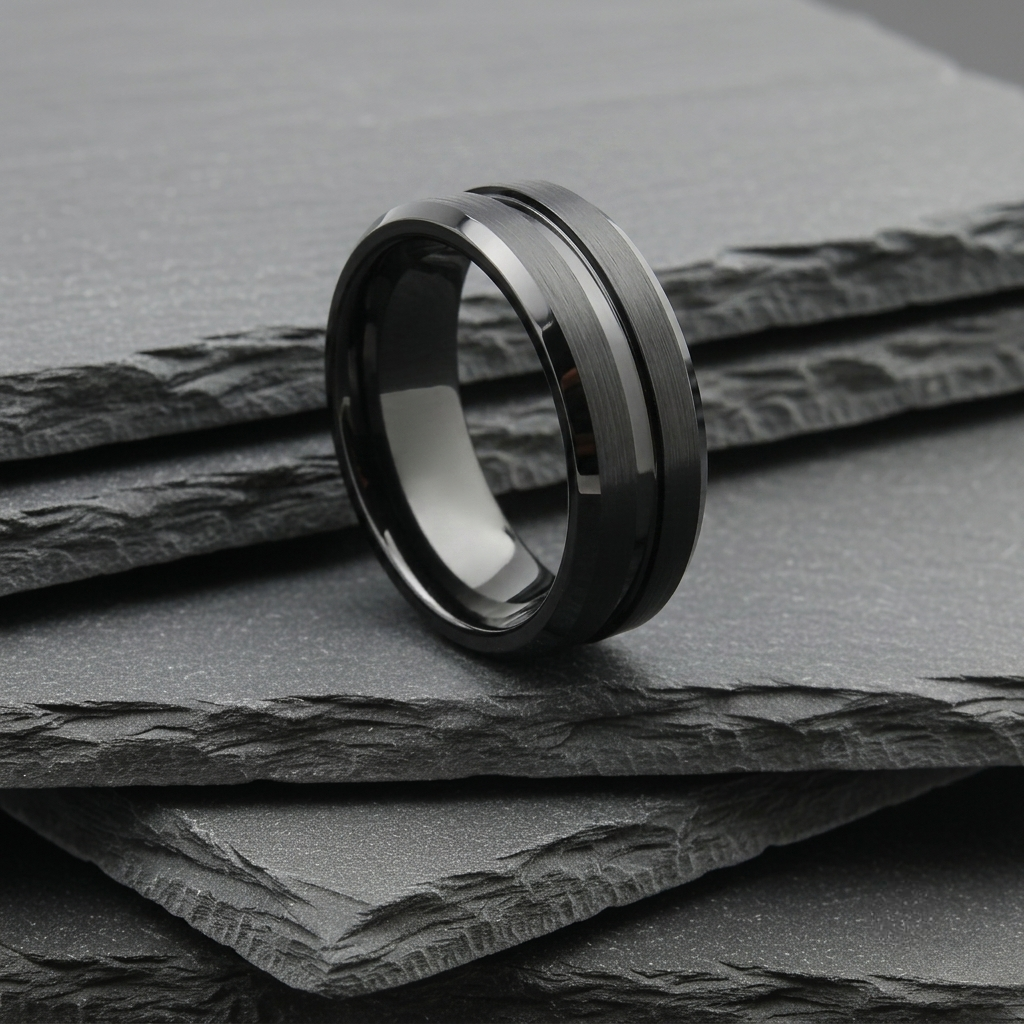 The Norma - 8mm Brushed Black Bevelled Edge Ring