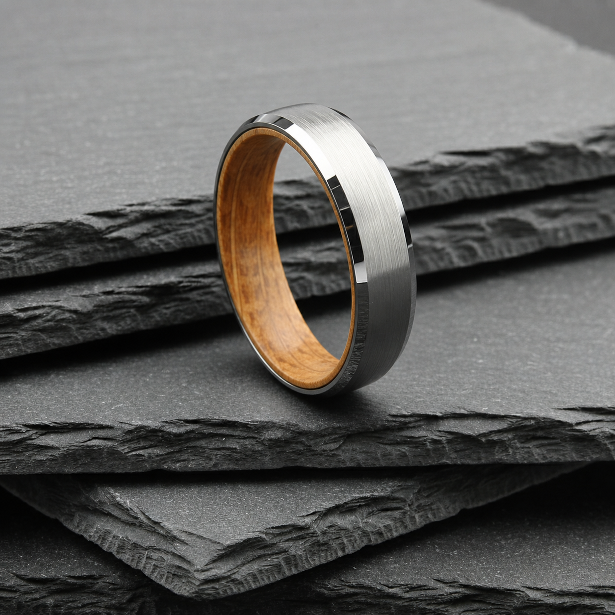 The Pavo - 6mm Brushed Tungsten Bevelled Edge & Whisky Barrel Wood Ring