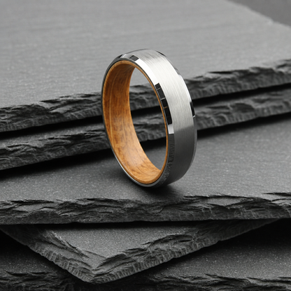The Pavo - 6mm Brushed Tungsten Bevelled Edge & Whisky Barrel Wood Ring