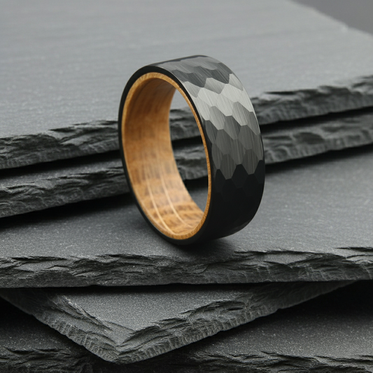 The Aquila - 8mm Hammered Brushed Black Tungsten & Whisky Barrel Wood Ring