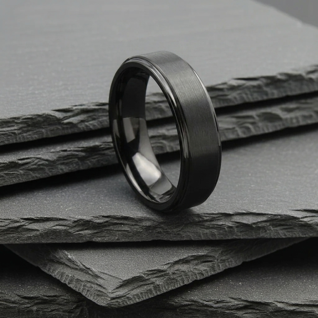 The Auriga - 6mm Brushed Black Tungsten Ring with Dropped Edge Ring