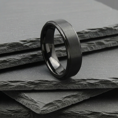 The Auriga - 6mm Brushed Black Tungsten Ring with Dropped Edge Ring