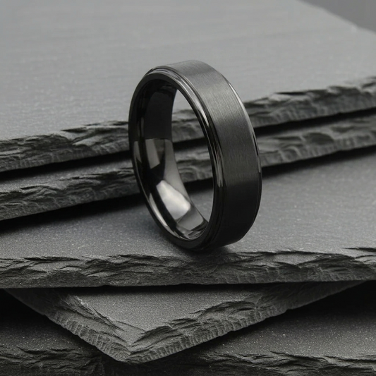 The Auriga - 6mm Brushed Black Tungsten Ring with Dropped Edge Ring