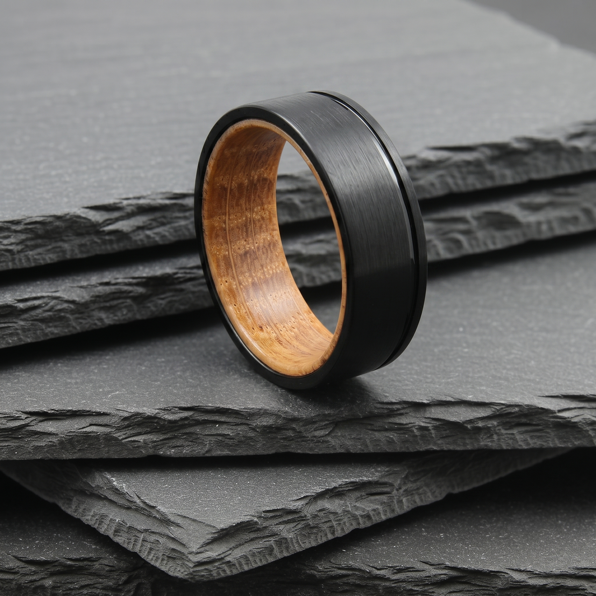 The Fornax - 8mm Brushed Black Tungsten & Whisky Barrel Wood Ring