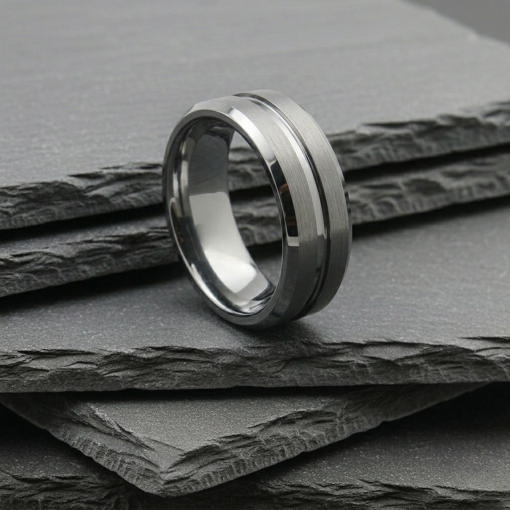 The Mensa - 8mm Brushed Tungsten Bevelled Edge Ring
