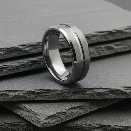 The Mensa - 8mm Brushed Tungsten Bevelled Edge Ring