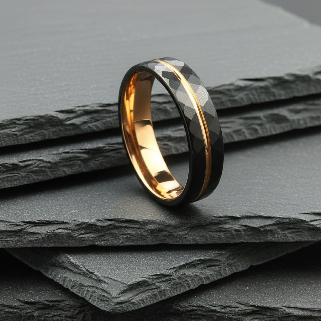 The Polaris - 6mm Black Brushed Tungsten & Rose Gold Plated Ring