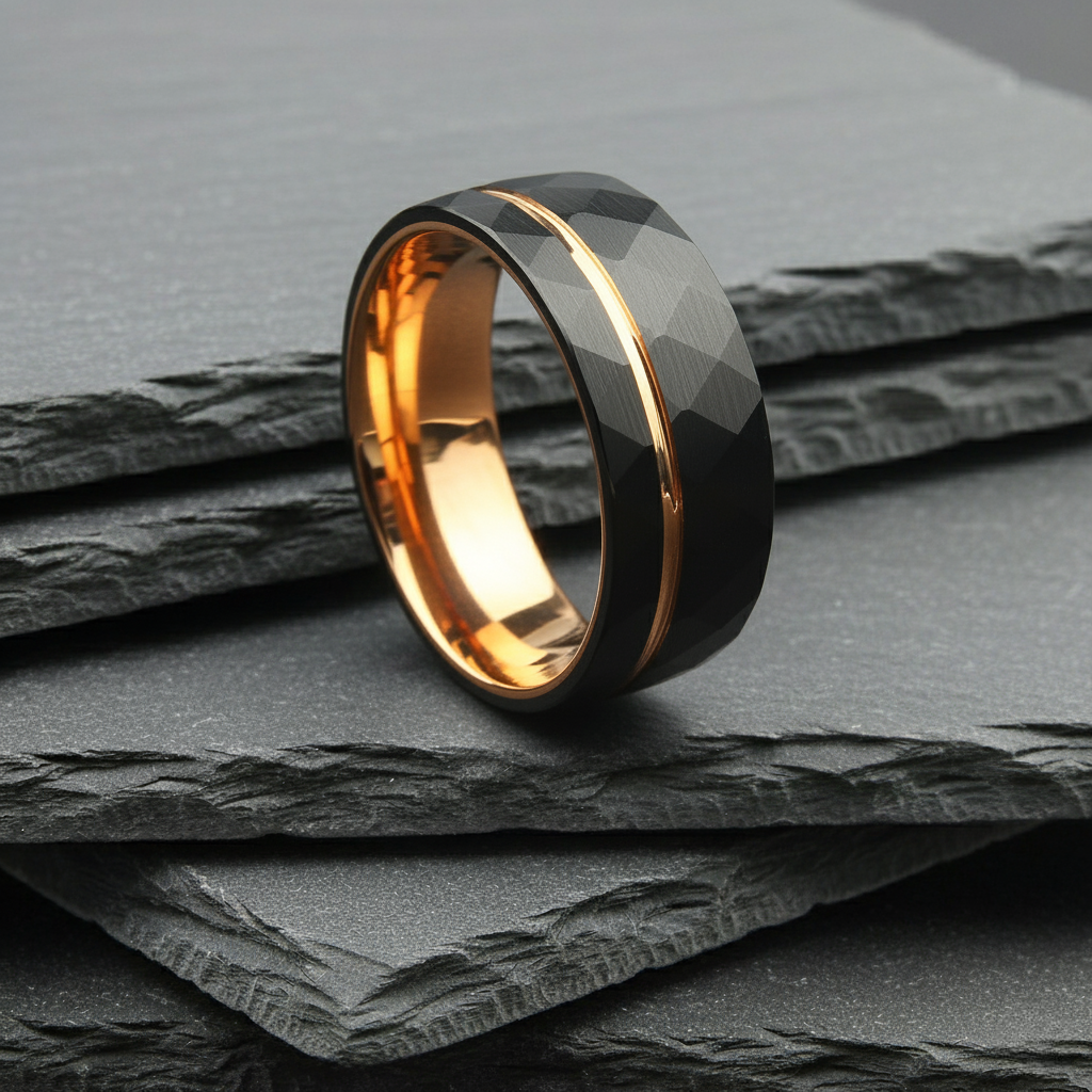 The Scorpius - 8mm Hammered Brushed Black Tungsten & Rose Gold Plated Ring