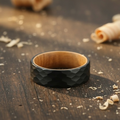 The Aquila - 8mm Hammered Brushed Black Tungsten & Whisky Barrel Wood Ring