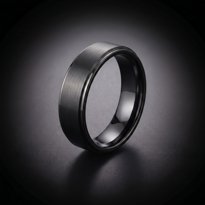 The Auriga - 6mm Brushed Black Tungsten Ring with Dropped Edge Ring