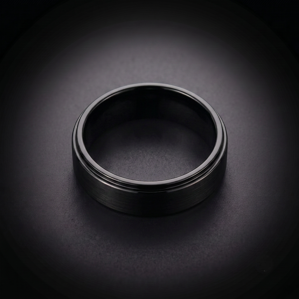 The Auriga - 6mm Brushed Black Tungsten Ring with Dropped Edge Ring