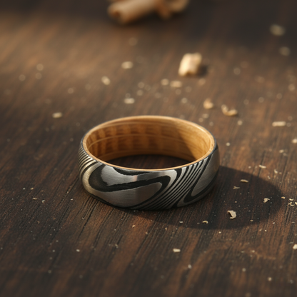 The Centaurus - 8mm Damascus Steel & Whisky Barrel Wood Ring