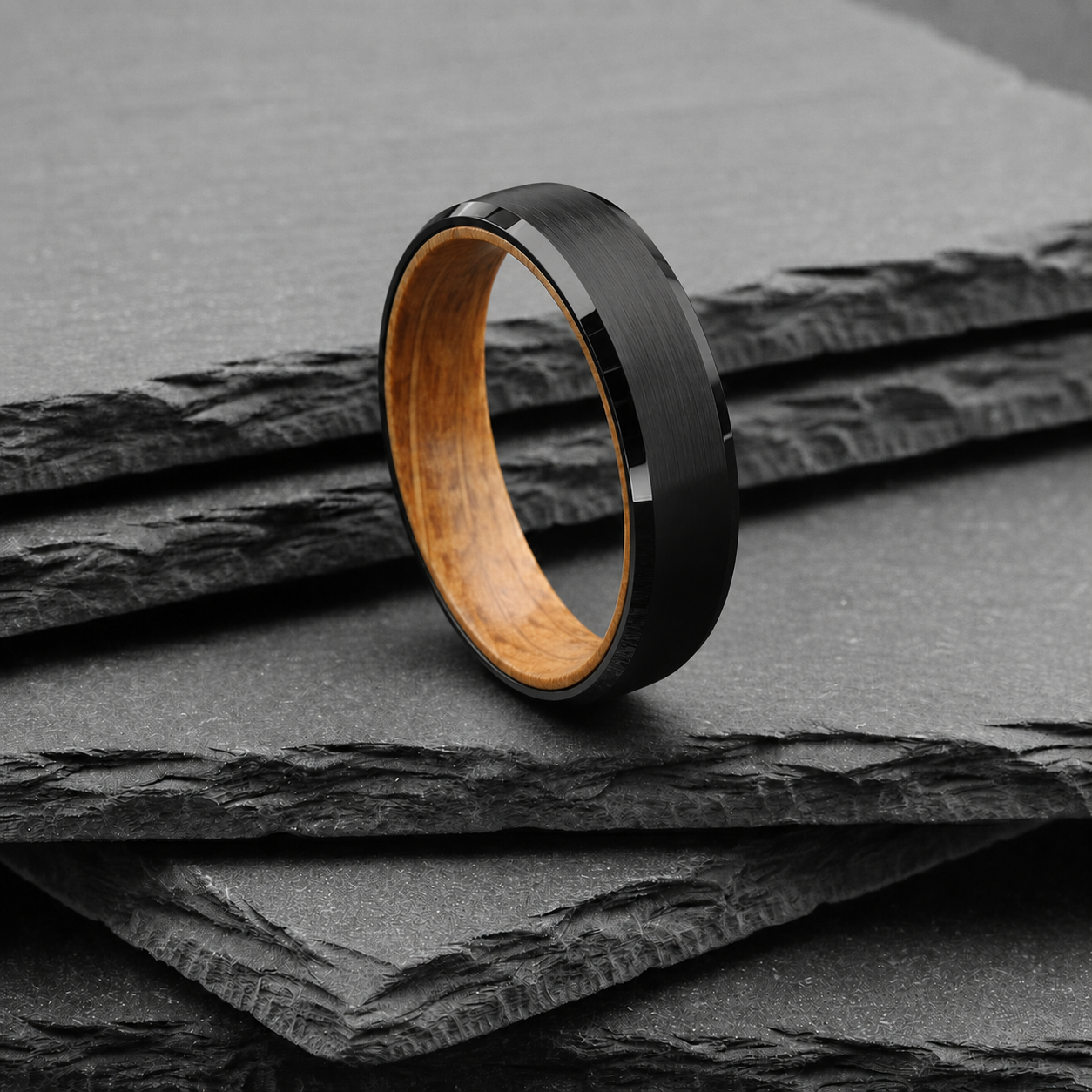 The Cygnus - 6mm Brushed Black Tungsten Bevelled Edge & Whisky Barrel Wood Ring
