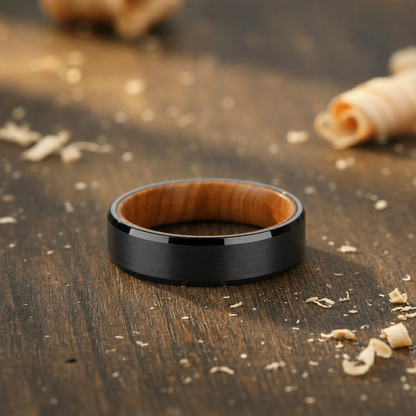 The Cygnus - 6mm Brushed Black Tungsten Bevelled Edge & Whisky Barrel Wood Ring