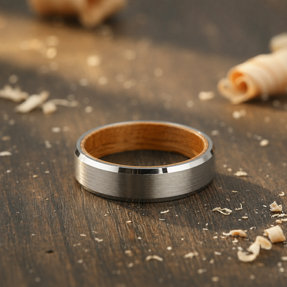 The Pavo - 6mm Brushed Tungsten Bevelled Edge & Whisky Barrel Wood Ring