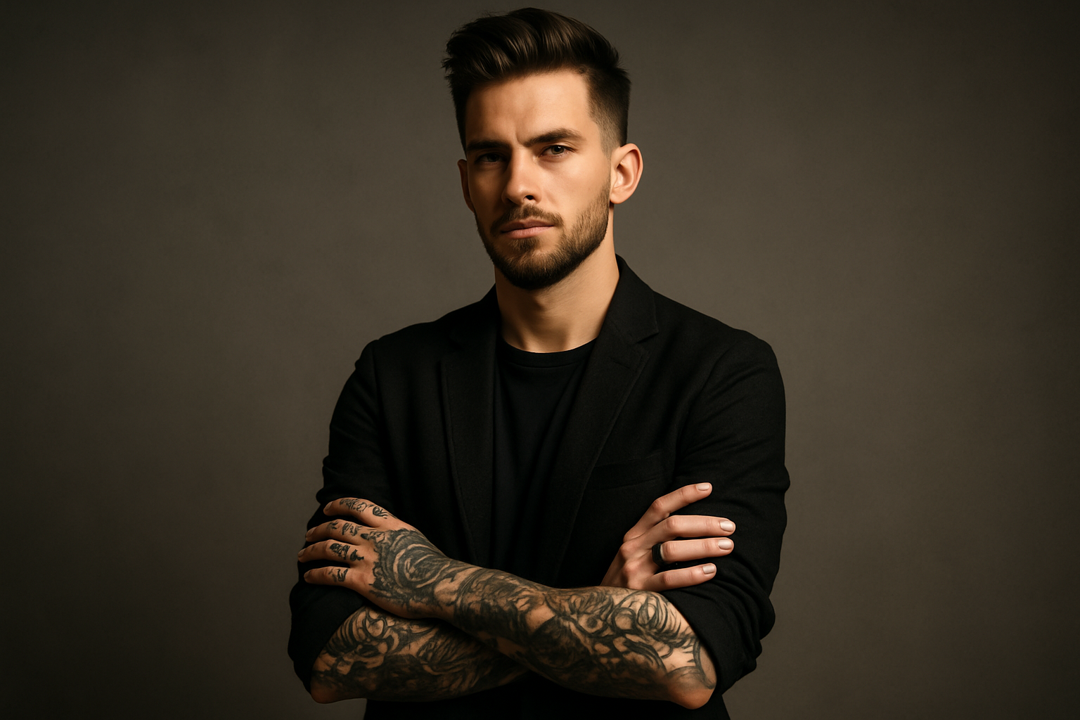 treny looking man with tatoos wearing a black ring with his arms crossed